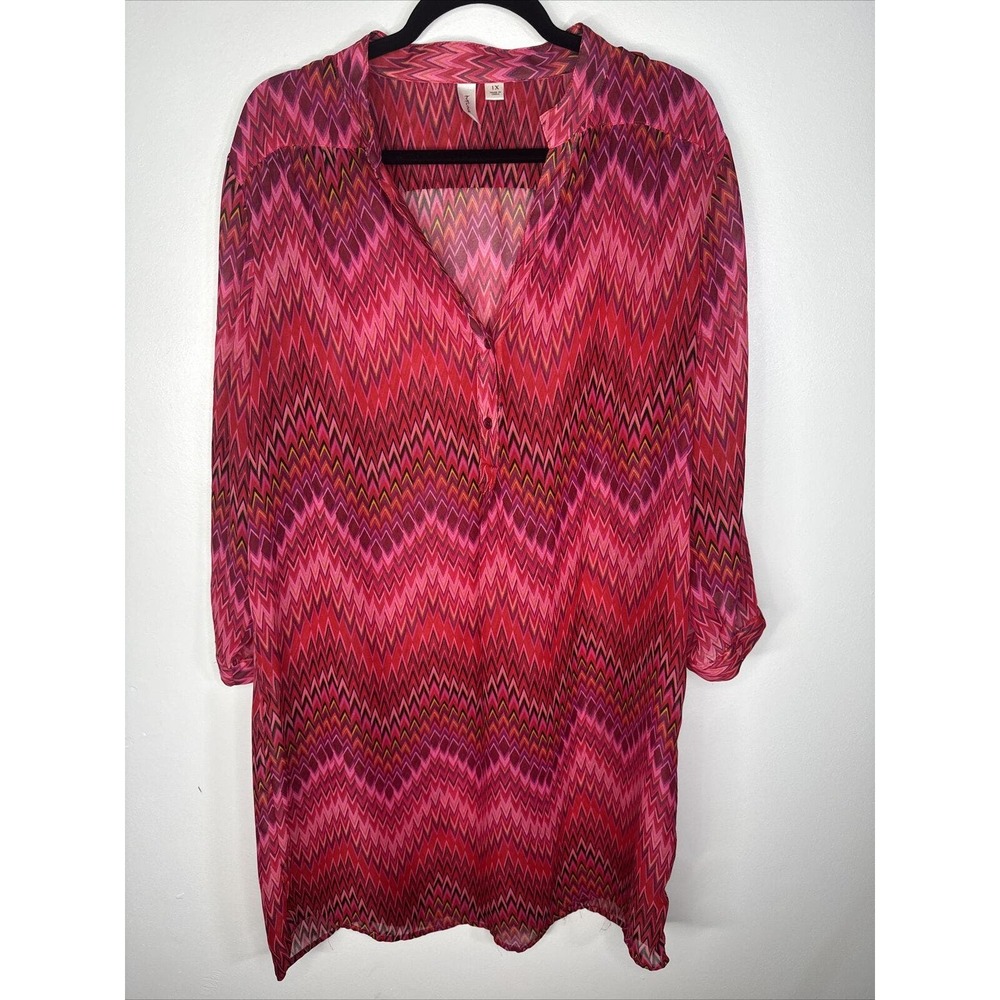 Tacera Multicolor Sheer Dress Swimsuit Coverup Sz 1X Chevron Geometric Boho